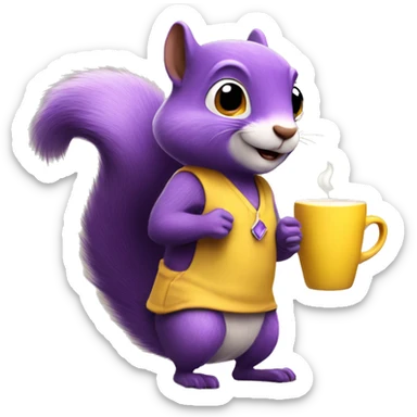 purple animated squirrel in a yellow dress with a large mug of coffee in its paws sticker
