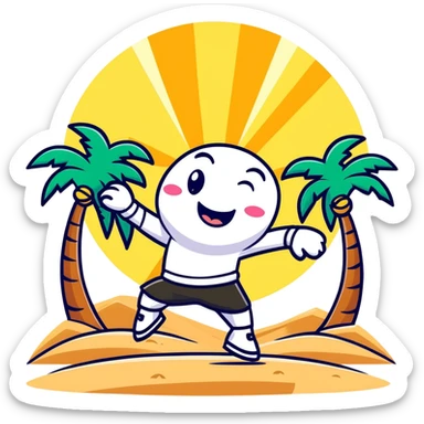 Happy cartoon character dancing on beach with sun rays highlighting them, tripa tropa party mood, sand and palm trees sticker