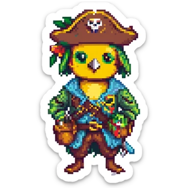 a pirate with a parrot on shoulder, pixel art style sticker