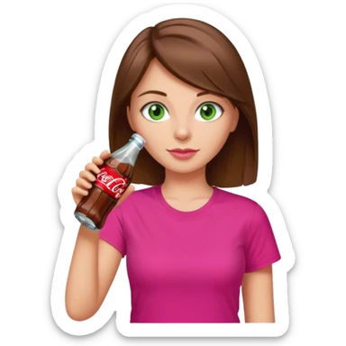 a girl with brown hair and green eyes wearing a hot pink tshirt, drinking a bottle of coca cola sticker