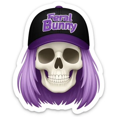 Create a skeleton head wearing a black baseball cap that says "Feral Bunny" in purple, and white lettering, with long purple blonde hair sticker
