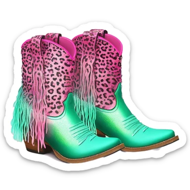Realistic hot pink to mint green ombre leopard print pair of fashion cowgirl boots with sparkly shiny glitter fringe on them. sticker