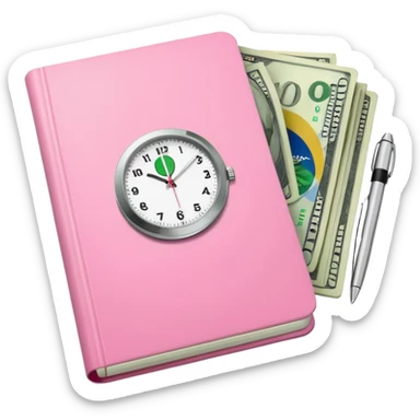 Libreta rosa, reloj blanco y un dolar sticker