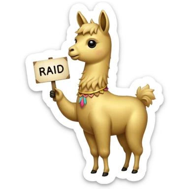 A small golden llama silhouette holding a sign in its mouth that says RAID sticker