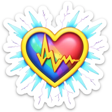 neon heart with a rainbow bow with heart pattern on the bow, with lightning sticker