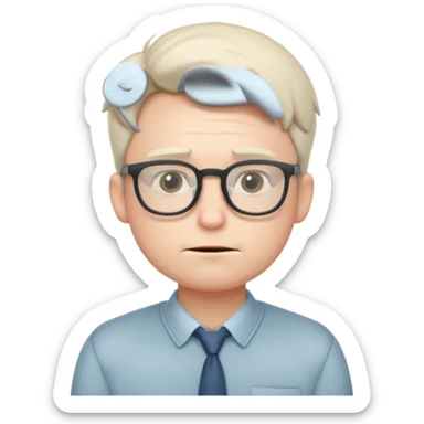 A small, timid-looking cartoon male character with pale skin, glasses, slightly nervous posture, blushing cheeks, subtle nerdy attire, soft color palette, stylized as a cute, minimalist emoji icon. sticker