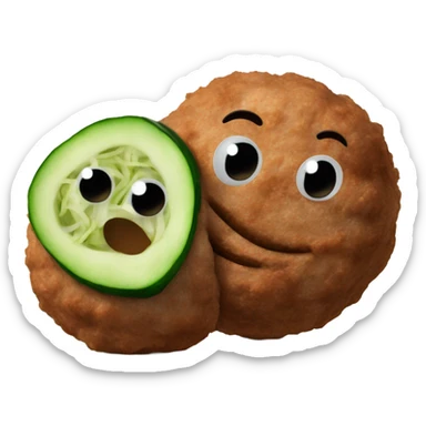 Two meat balls side by side with a cucumber standing vertically on top in the middle of them sticker