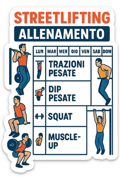 a streetlifting training sheet with icons for each exercise—weighted pull-ups, weighted dips, squats, muscle-ups—organized in a weekly schedule. Around the sheet, small illustrations show athletes performing each movement with proper form. The color palette is bold and energetic, and the background is clean and minimal. in italiano sticker