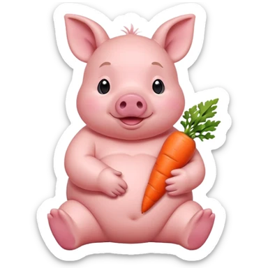 Baby Sitting Piglet – chubby piglet sitting down holding a toy carrot sticker
