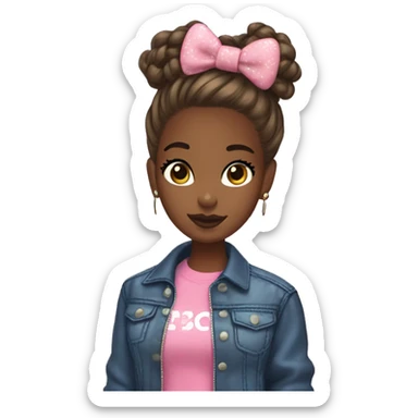 Brown skin girl with a messy bun brown eyes long lashes glossy lips ance and a hello kitty jacket  sticker