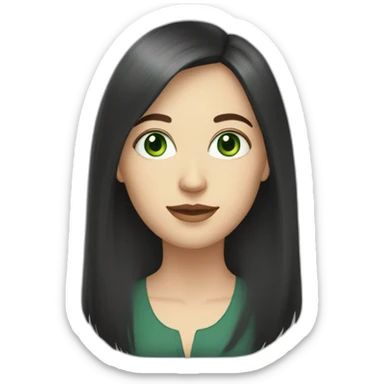 40 year old white woman with green eyes and long dark hair and a fringe and oval shape face sticker