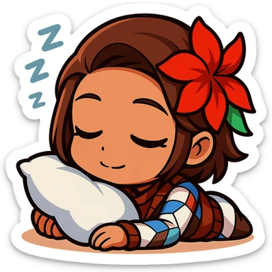 Azucena from Tekken 8 in chibi sticker style, sleeping with a little pillow, peaceful expression, designed for Twitch emote use. sticker