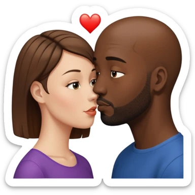 a white woman with short brown hair and a black man with no hair and a beard are facing one each other and the woman is giving a kiss to the man's forehead sticker