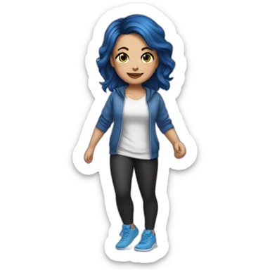 Short brunette, leggings, blue walking shoes, half arm tattoo sticker