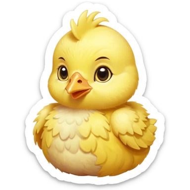 Cinematic Noble Yellow Baby Chicken Portrait Emoji, Poised and regal, with a tiny, fluffy build and a vibrant, well-groomed bright yellow downy coat, deep-set soulful beady eyes, Simplified yet sharp and sophisticated features, highly detailed, glowing with a soft, dignified glow, high shine, intelligent and charming, stylized with an air of youthful elegance, focused and attentive, soft glowing outline, capturing the essence of a watchful and confident little chick, so majestic it feels as though it could peep out of the screen with effortless authority! sticker