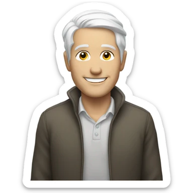 smiling white man with white hair by window with snow background no mustache sticker