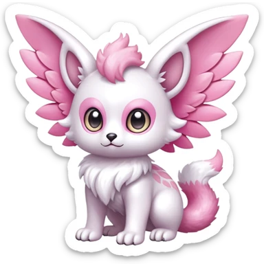 Shiny epic glittery divine white gold pink animal-fakemon-creature with head-ear-wings, cute, adorable, big eyes, fluffy tail sticker