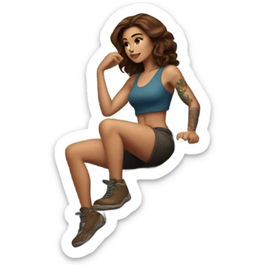 Beautiful tattooed woman brown hair climbing rocks sticker