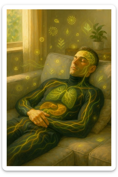 Uomo sdraiato su un divano nel primo pomeriggio, mentre fa un breve riposino. Il suo corpo appare parzialmente trasparente o stilizzato, con luce calda e flussi energetici dorati e verdi che scorrono attraverso muscoli, cervello, e organi. Intorno a lui si vedono piccoli simboli di rigenerazione: cellule che si rinnovano, tessuti che si illuminano, aura rilassata. L'ambiente è calmo e ordinato, luce naturale che entra da una finestra, atmosfera rigenerante, stile iperrealistico con accenti metaforici. sticker