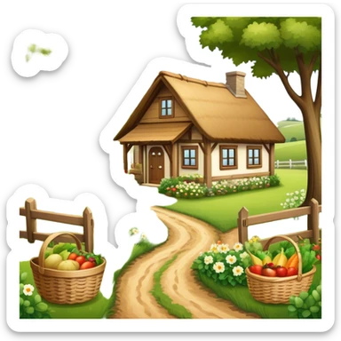 Icon for Rural Tourism: a peaceful countryside scene with a wooden cottage, a dirt path, grazing animals, and a basket of fresh produce. The icon should represent the tranquility and charm of rural life. Transparent background. sticker