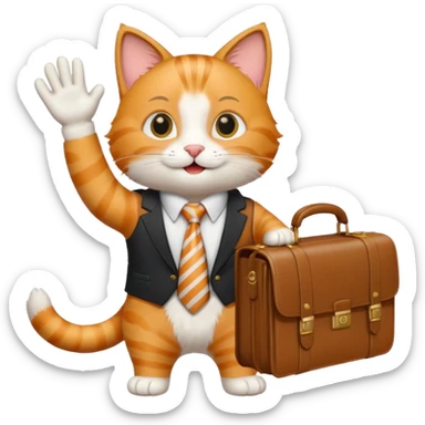 happy cat with a striped tie and briefcase, waving sticker