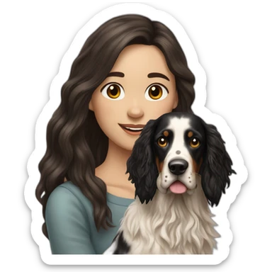 hyperrealist caucasian girl black long hair with brown english setter dog sticker