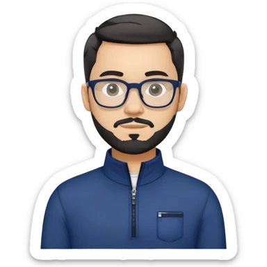 Light-skinned male with short black hair styled up, gray short beard, black-framed glasses, navy blue zip-collar sports long sleeve shirt sticker