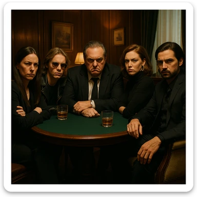 Grupo de personas que trabajan en la industria musical con aires de superioridad, conversando en grupo en una mesa privada, viendo de forma despectiva a la cámara, cerrando el espacio a la persona que está llegando y haciéndole saber con sus miradas y expresiones que nadie más es bienvenido aquí. sticker