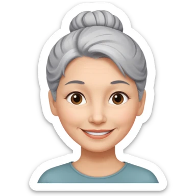 50 y.o. woman grey hair, subtle smile, hair in a bun  sticker
