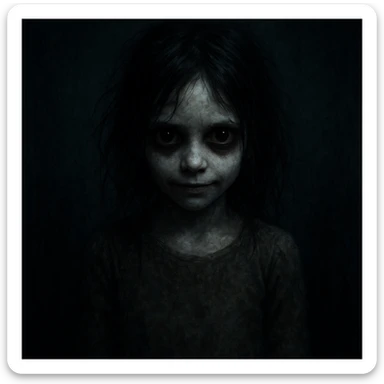 creepy girl, horror style, unsettling expression, dark atmosphere sticker