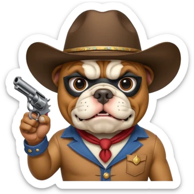 A bulldog wearing a cowboy hat, wearing a mask, pointing a revolver at you and telling you to hand over your money. sticker