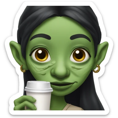 Ugly goblin woman with long black hair and a big nose holding Starbucks sticker