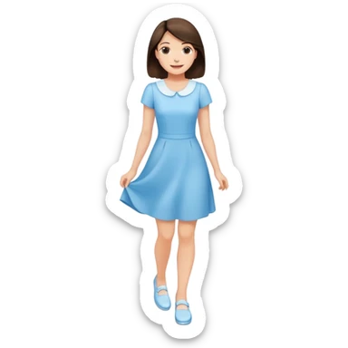Happy Brunette woman short in light blue dress, white shoes sticker