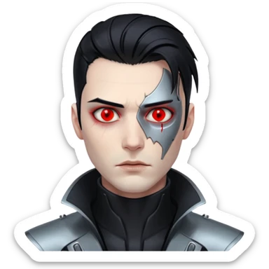 Cyberpunk man, slicked hair, silver metal jaw prosthetic, glowing red eyes, cold expression, clinical lighting sticker
