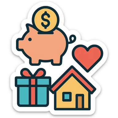 icon combining future savings with piggy bank or coin, wants with gift box or heart, and needs with house or groceries, harmonious modern style, clean colorful outline sticker