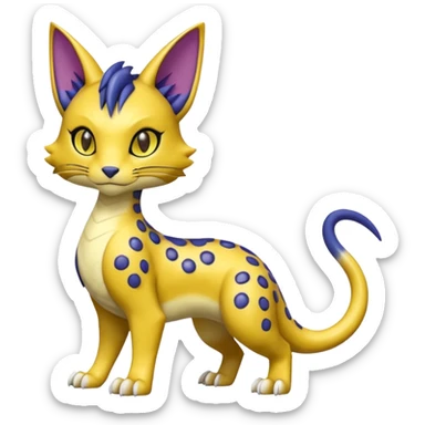 Golden-mustard-beige-yellow-gradients-colored, with black rosette-spots, scaley Bastet-Liepard-Noibat-Gatomon-Garchomp-Digimon-Fakémon-Pokémon-creature (full body) sticker