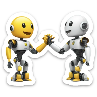 Two robotic figures high-fiving or shaking hands, symbolizing partnership in technology. sticker