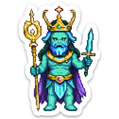 Neptune god of the sea wielding golden trident, blue-green skin, wearing crown sticker