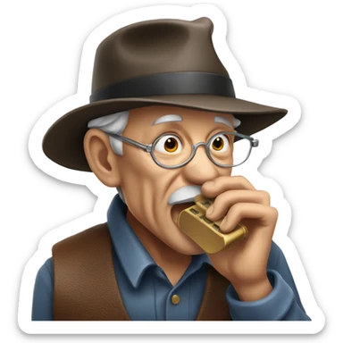 old man playing harmonica with hat on  sticker