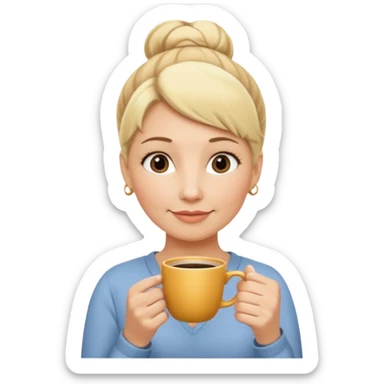 Women with blonde hair bun top of her head Middle Aged with coffe in hand sticker