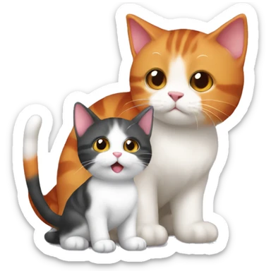 A small tricolour cat playing with a big red cat sticker