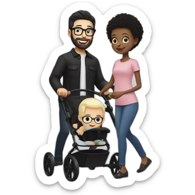 White man with Black hair,  beard and glasses pushing buggy with blonde baby sticker