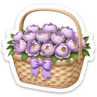 White Picnic basket with lilac bow and white peonies inside sticker