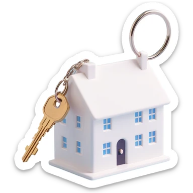 white key with a white house-shaped keychain on a chain, 3D Emoji style, side view, soft shadows and highlights, transparent background, no decoration sticker