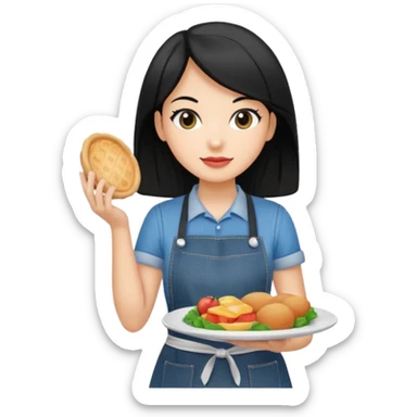 waitress with black hair and a food plate with a black tshirt and ª jeans apron sticker
