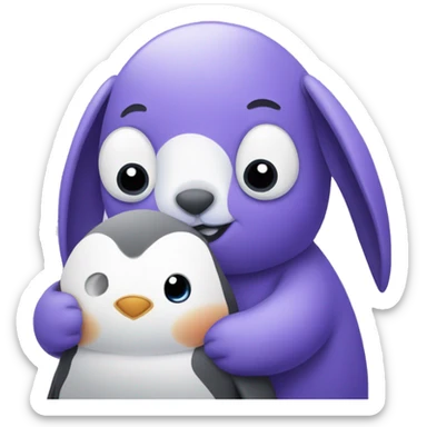 Purple bunny with floppy ears hugging a penguin sticker