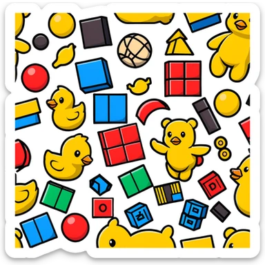 Colorful toys scattered together - teddy bear, rubber duck, toy blocks, ball, and action figures sticker