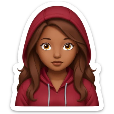 Curvy pretty brown girl with long brown hair, wearing a dark deep red hoodie sticker
