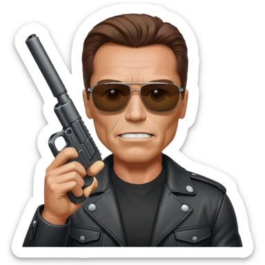 Terminator Arnold Schwarzenegger with sunglasses, holding a gun up, realistic emoji style sticker