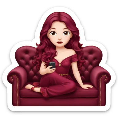 Beautiful Girl with long burgundy wavy hair sitting on Luxury style couch, watching tv sticker